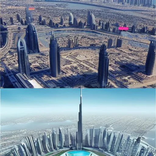 Image similar to futuristic skyline of dubai in the year 2 0 5 0 inspired by cyberpunk with flying spider drones