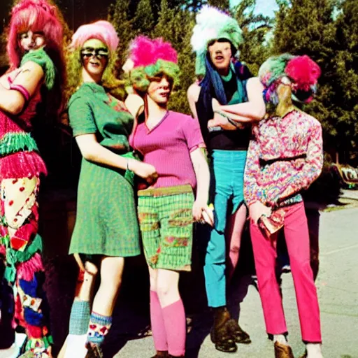 Image similar to 1 9 6 0 s photograph of a group of mixed gender hippies wearing peppermint themed outfits