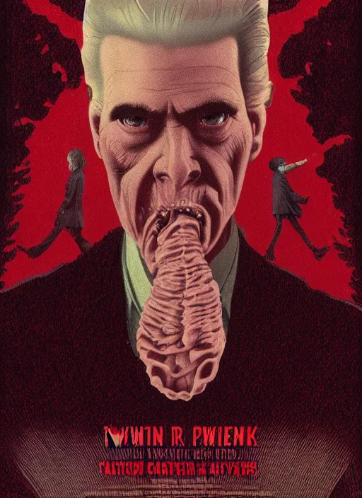 Image similar to Twin Peaks movie poster artwork by Michael Whelan and Tomer Hanuka, Rendering of Body horror, from a scene from Twin Peaks, clean, full of detail, Matte painting, trending on artstation and unreal engine