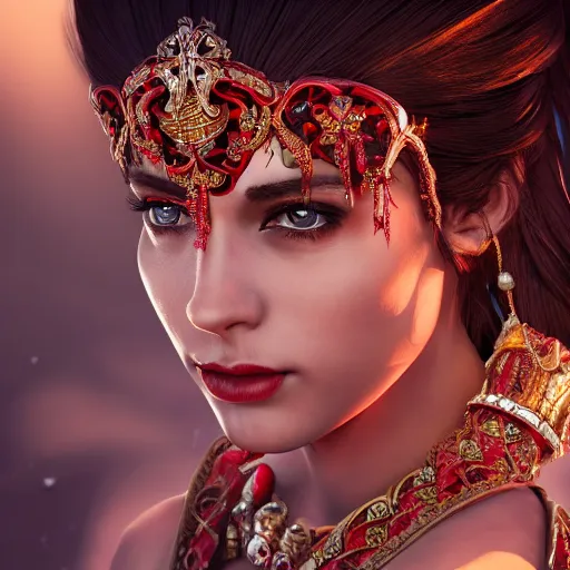 Image similar to photograph of wonderful spanish princess with smooth fair skin, alluring eyes, red jewelry, breathtaking, elegant, ornate, intricate, hyper detailed, accent lighting, dramatic light, 4 k octane render