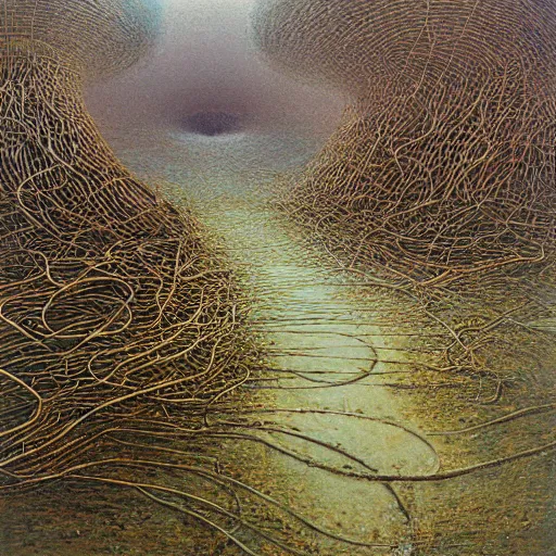 Prompt: A Landscape by Peter Gric and Zdzisław Beksiński