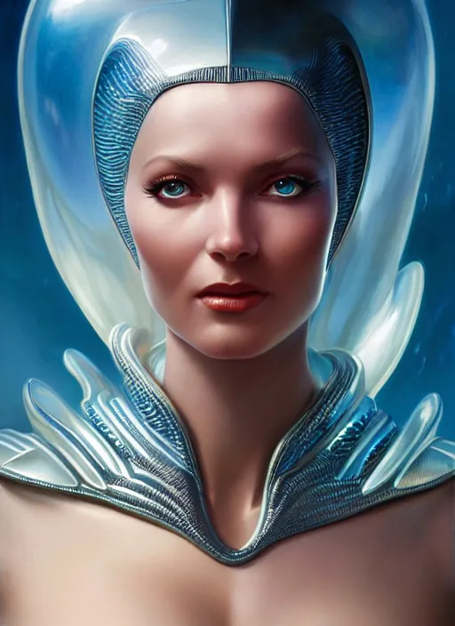 Image similar to face of a beautiful alien woman wearing shiny plastic armor in the style of roger dean and alberto vargas and stefan kostic, realistic, sharp focus, 8 k high definition, insanely detailed, intricate, elegant, art by greg rutkowski and artgerm, extreme blur coral reef background