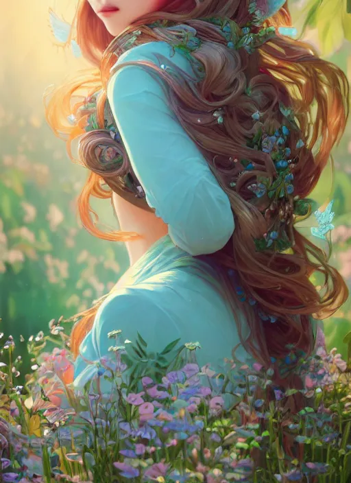 Prompt: beautiful girl with long turqoise hair, in a garden, cute, intricate, highly detailed, digital painting, trending on artstation, concept art, smooth, sharp focus, backlit, rim light, vivid colors, illustration, unreal engine 5, 8 k, art by rossdraws and alphonse mucha