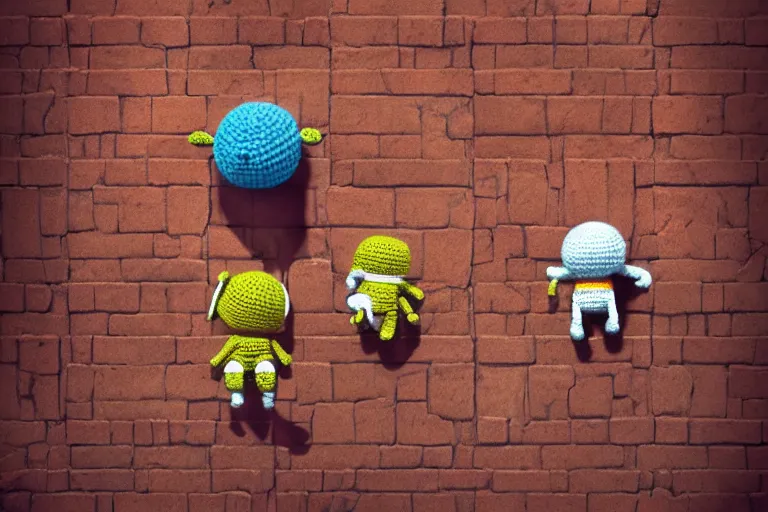 Image similar to an expedition of crochet cute astronauts climbing a brick wall. cute, illustration, digital art, inspired by little big planet, by greg rutkowski, detailed, sharp, masterpiece, highly detailed, photorealistic, octane render, 8 k, unreal engine 5, trending on artstation, vivid colors