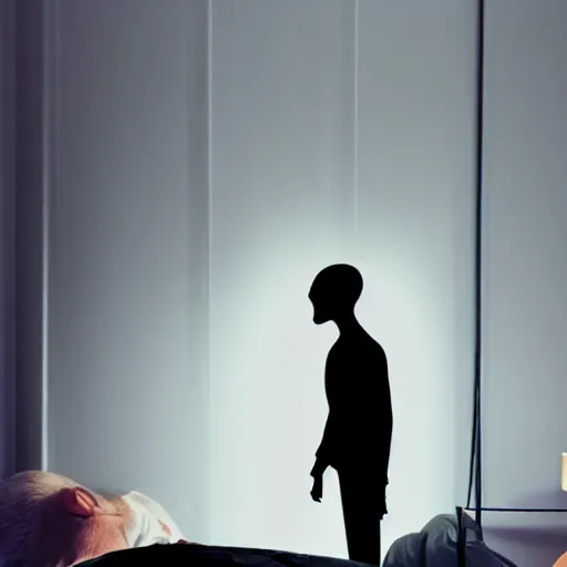 Prompt: hyper realistic photo of a tall black silhouette of a person menacingly standing in front of a person sleeping in bed at a person sleeping in bed at night