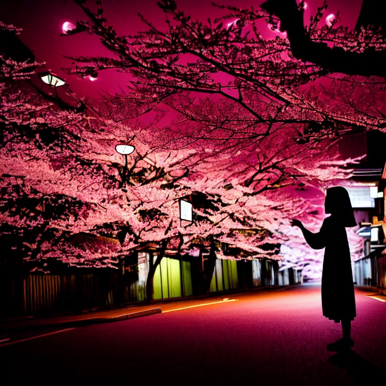 Prompt: a dramatic colorful fujifilm photograph of the silhouette of a young japanese girl standing in the middle of a tranquil desolate moonlit tokyo street with paper lanterns and a blossoming ornamental cherry tree.
