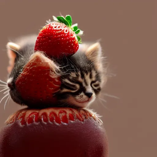 Image similar to macro shot photograph of an extremely tiny baby kitten on top of a giant strawberry