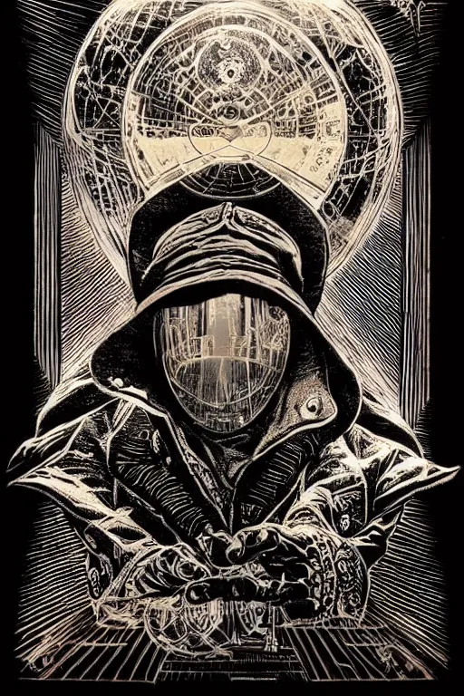 Image similar to cloaked steampunk wizard looking into a crystal ball, high details, intricately detailed, by vincent di fate, inking, 3 color screen print, masterpiece, trending on artstation,, sharp, details, hyper - detailed, hd, 4 k, 8 k