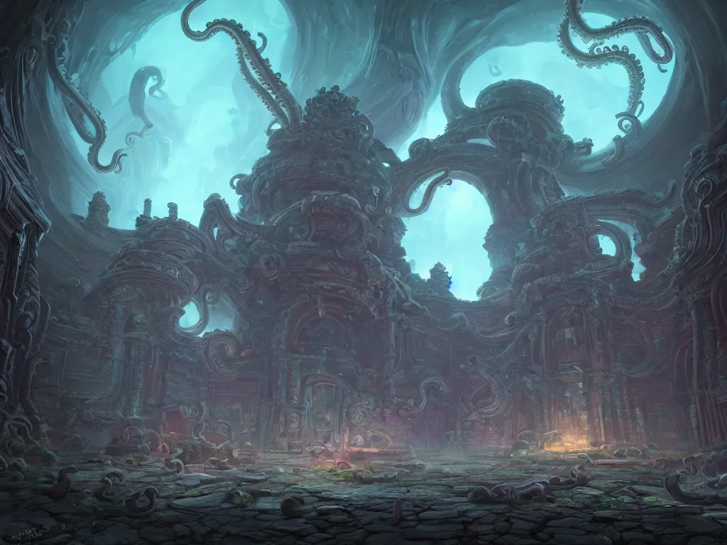 Prompt: A picture of a mysterious ancient temple with tentacles coming out of the massive entrance art by Victor Mosquera and Tyler Edlin, ominous, cosmic horror, trending on artstation, Ultra detailed, hyper realistic, 4k