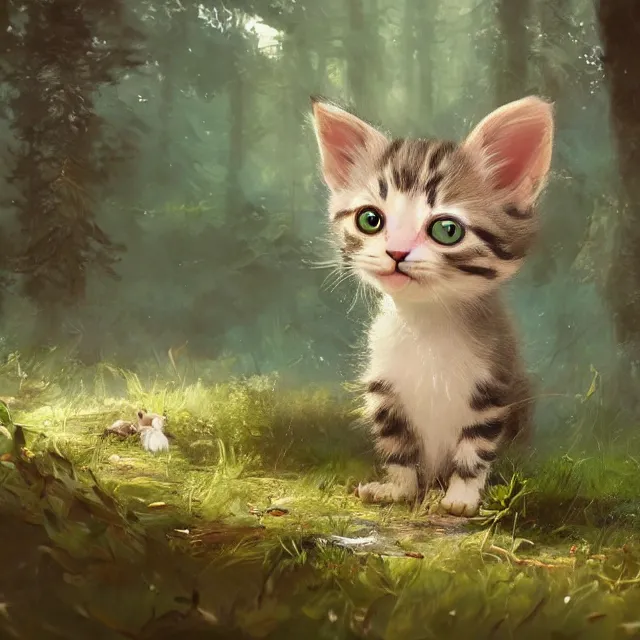 Image similar to a painting of a cute kitten in a forest. big eyes. disney character design by cory loftis, fenghua zhong, ryohei hase, ismail inceoglu and ruan jia. volumetric light, detailed, rendered in octane