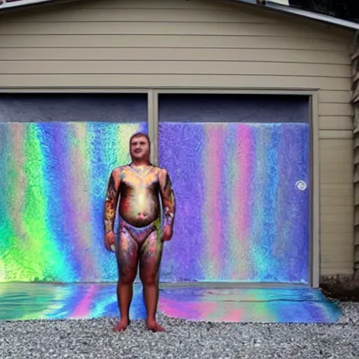 Image similar to a human standing in his garage, covered with iridescent bodypaint, shells and barnacles