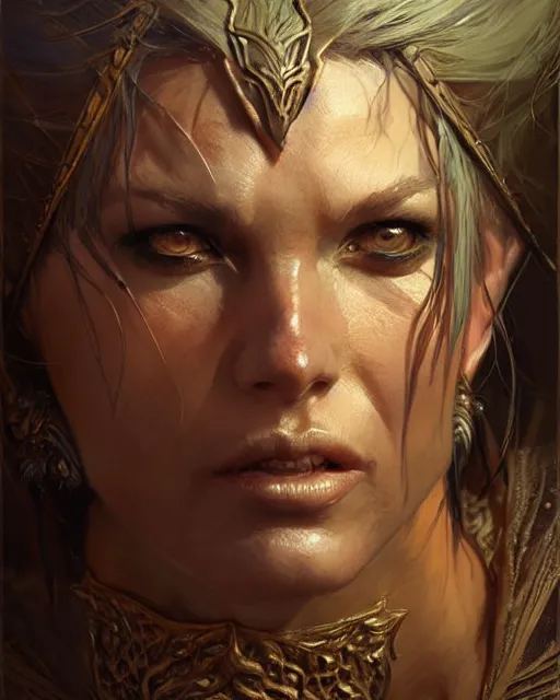 Image similar to fierce woman, fantasy character portrait, ultra realistic, concept art, intricate details, highly detailed, wide angle, by andrew robinson, gaston bussiere, craig mullins, simon bisley