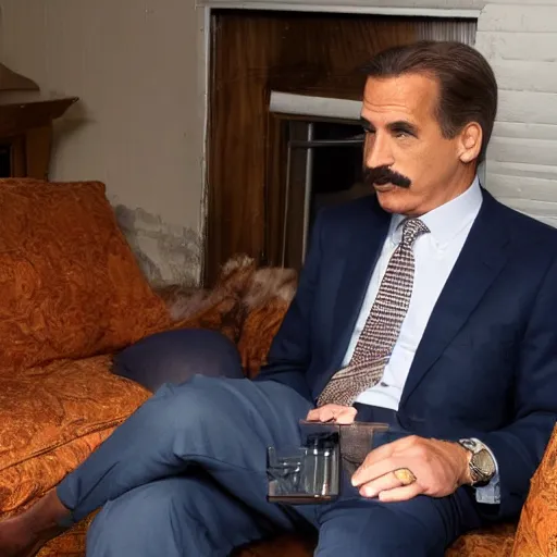 Image similar to mike lindell sitting next to hunter biden on dingy couch in a crackhouse smoking crack