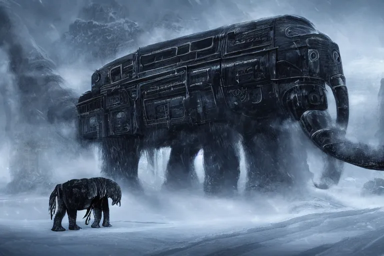 Image similar to a grand intricate futuristic black steam train next to a giant mammoth, post - apocalyptic ice landscape in snowstorm, concept art, artstation, highly detailed, digital art