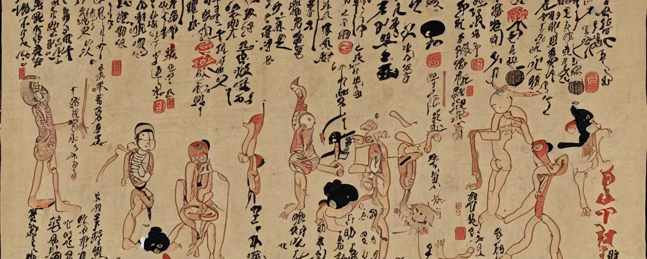 Prompt: an ancient papyrus depicting a japanese yokai's anatomy and information, ukiyo - e style