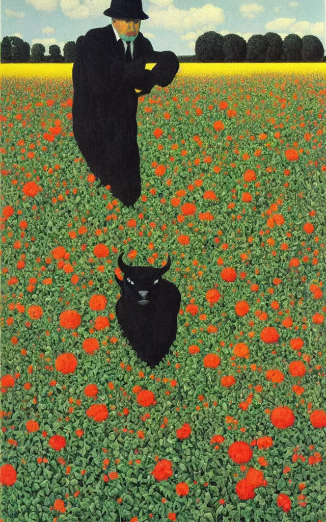 Prompt: black satan looking at you at distance in beautiful meadow of flowers, detailed painting by rene magritte