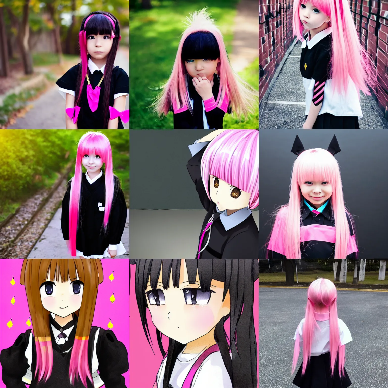 Prompt: cute little girl with pink straight hair, two little black cones in top of her head, anime style, wearing black with gold details school uniform