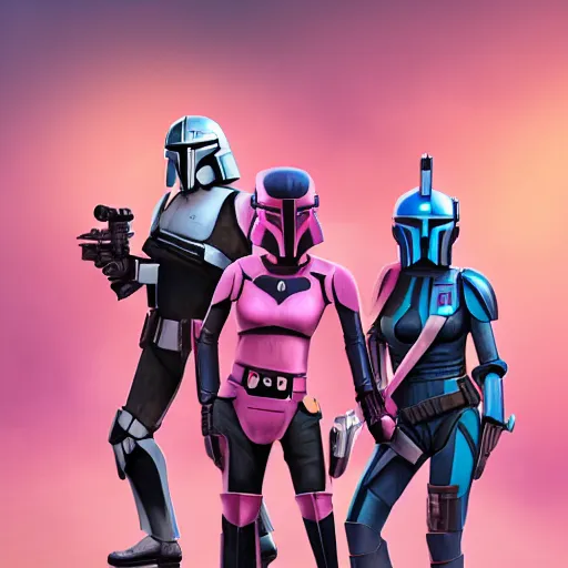 Image similar to bo katan, koska reeves, and a very fancy female mandalorian in a pink suit and bedazzled helmet. digital art. photo realistic. 4 k. intricate. detailed. by krenz cush art simon fetscher.