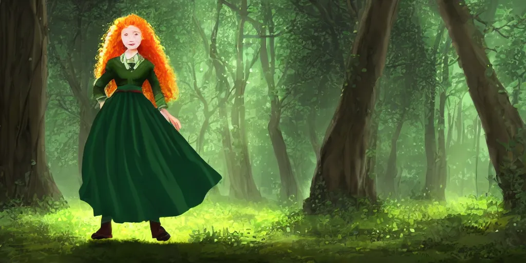 Image similar to a strawberry blonde frizzy haired teenage girl in a floor length dark green skirt and a short sleeved dark green blouse stands in a dark forest dimly lit by blue light, pixelated, in the style of king's quest 6