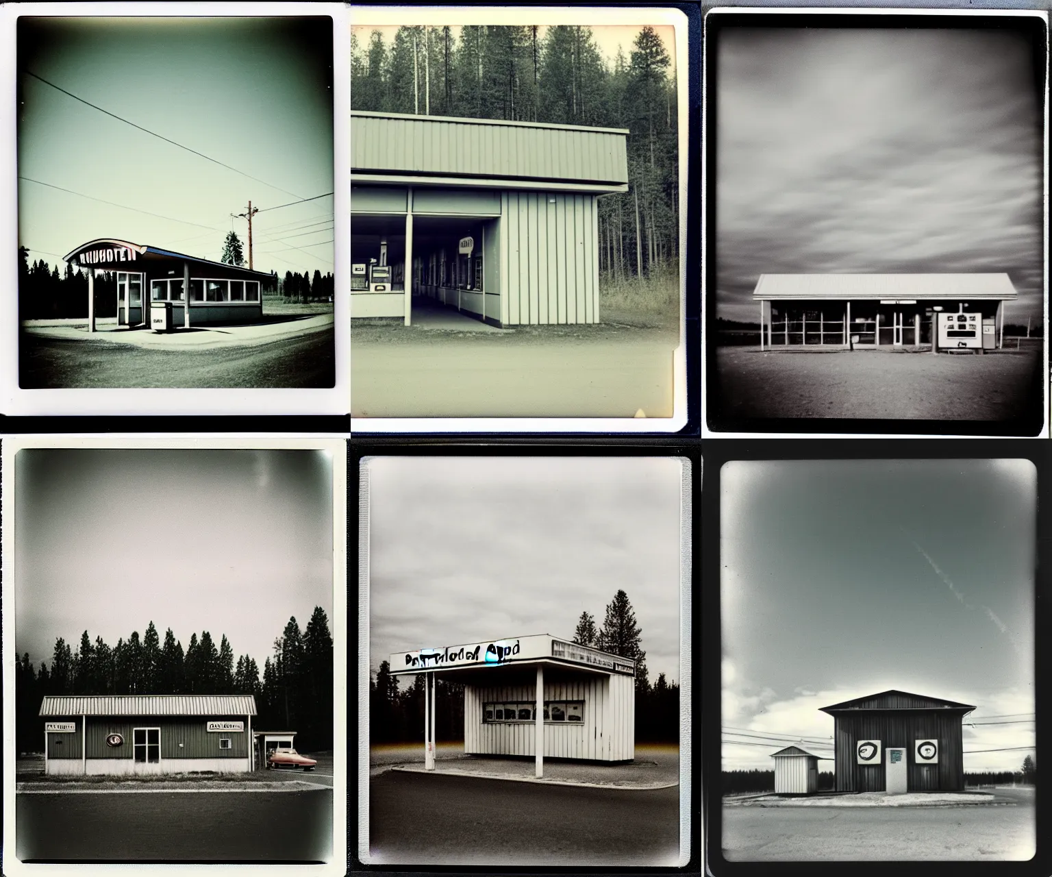 Prompt: amateur Polaroid of a rural Finnish gas station, color burn, desaturated colours, 1977