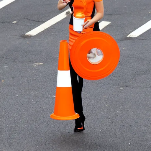 Image similar to margot robbie stealing a traffic cone, 4 k