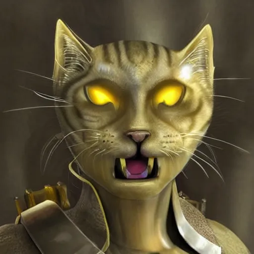 Prompt: a humanoid cat like creature in full body armor, force fields on the armor, yellow eyes, and grey fur with teeth that protrude past their lower jaw holding rifles