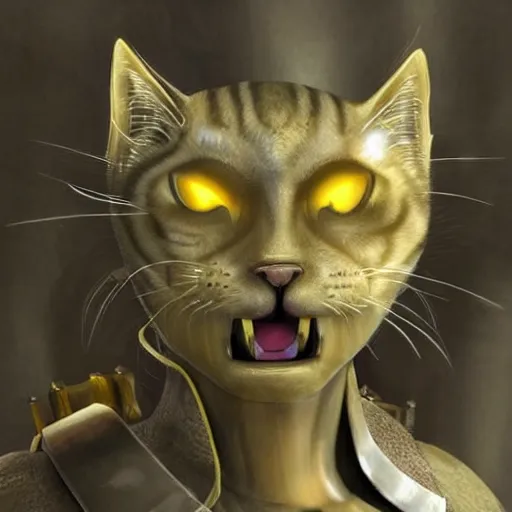 Image similar to a humanoid cat like creature in full body armor, force fields on the armor, yellow eyes, and grey fur with teeth that protrude past their lower jaw holding rifles