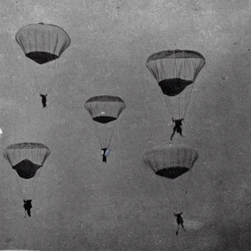 Prompt: grainy 1800s photo of a cybernetic paratroopers parachuting out of mechanical flying machines into a city