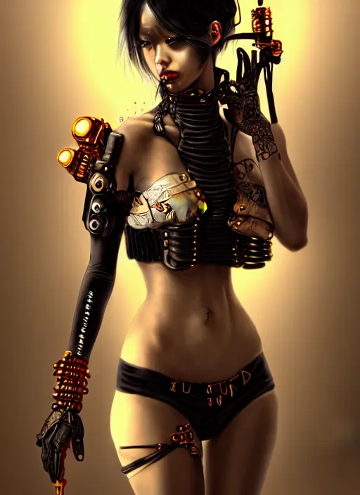 Image similar to soft lustrous ebony geisha seductive raver gutter punk steampunk cyborg, yakuza, golden ratio, details, scifi, fantasy, cyberpunk city, intricate, decadent, highly detailed, octane render, digital painting, artstation, concept art, sharp focus, illustration, art by artgerm, loish, wlop