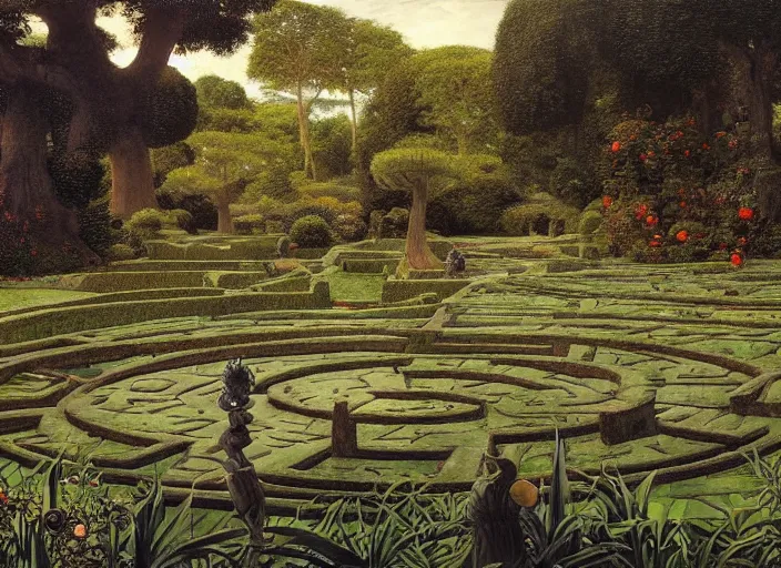 Prompt: jim henson's labyrinth. hedge maze. three stone - lined ponds lie in a large circular clearing. edgar maxence and caravaggio and michael whelan and delacroix style, artistic, intricate painting, cinematic lighting, hyper realistic, extremely detailed, vivid colors, establishing shot, dramatic lighting