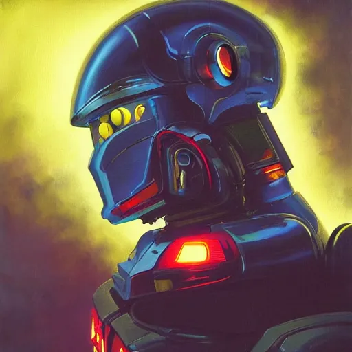 Image similar to a dark and colorful close - up side profile portrait of a sci - fi mecha robot with led lights glowing fog in the background. highly detailed science fiction painting by norman rockwell, frank frazetta, and syd mead. rich colors, high contrast, gloomy atmosphere, dark background. trending on artstation