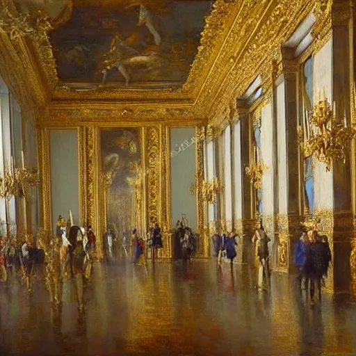 Image similar to fine art, oil on canvas. the interior of the palace of versailles in france. fine art in the walls and