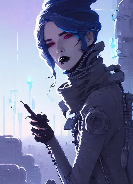 Prompt: highly detailed portrait of wasteland punk long curly white icey shard hair cyber ninja lady, stray wiring by atey ghailan, james gilleard, by joe fenton, by greg rutkowski, by greg tocchini, by kaethe butcher, 4 k resolution, gradient blue, cyan, black and white color scheme!!! ( ( snowy glaciated robotic dystopian city background ) )