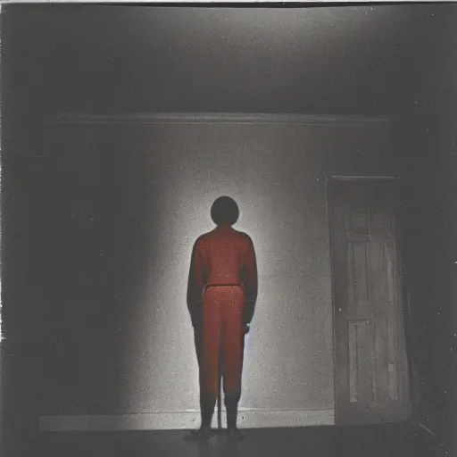 Prompt: A scary red, tall creature standing in the corner of a dark room, eerie, horror, vintage, dslr, 1950, old photography