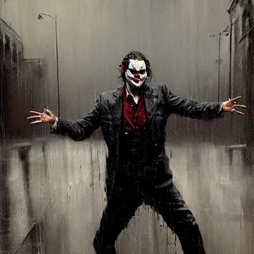 Prompt: painting of Joaquin Phoenix as the joker, dancing in the rain, by Jeremy Mann, detailed, stylized, loose brush strokes, intricate, realistic, exaggerated lighting, sense of scale, free, melancholy