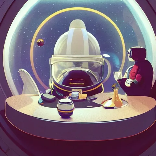 Prompt: a single cosmonaut in a spacesuit drinks a steaming cup of tea at wooden desk in a sci-fi space station. :: by beeple and James Gilleard and Justin Gerard :: the autumn light comes in through a window and dimly illuminates the room. intricate, elegant, highly detailed, trending on artstation, smooth, sharp focus, octane render!!!