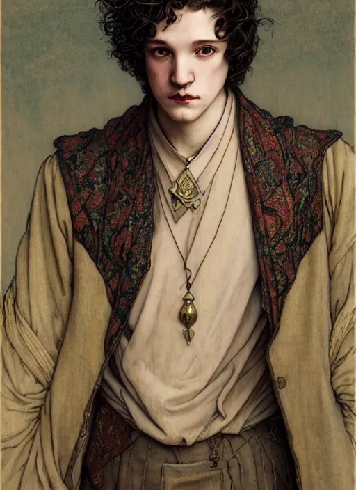 Image similar to edmund dulac, leyendecker, highly detailed portrait, a beautiful androgynous kit harrington, long hair, tall and thin, wearing several pendants, art nouveau, stephen bliss, unreal engine, by greg rutkowski, loish, ferdinand knab, ilya kuvshinov, rossdraws, tom bagshaw, alphonse mucha, global illumination, radiant light