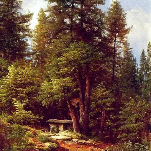 Image similar to small cottage in the forest by ivan shishkin, oil on canvas, highly detailed, whimsical, fantasy