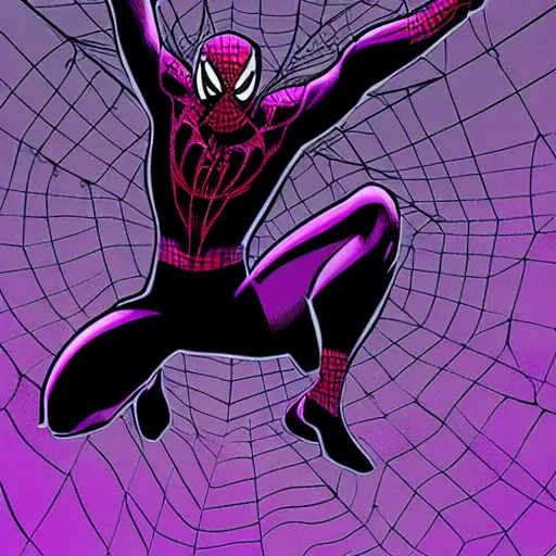 Image similar to black and purple spiderman drawn in comic book art style by steve ditko, 4 k digital art