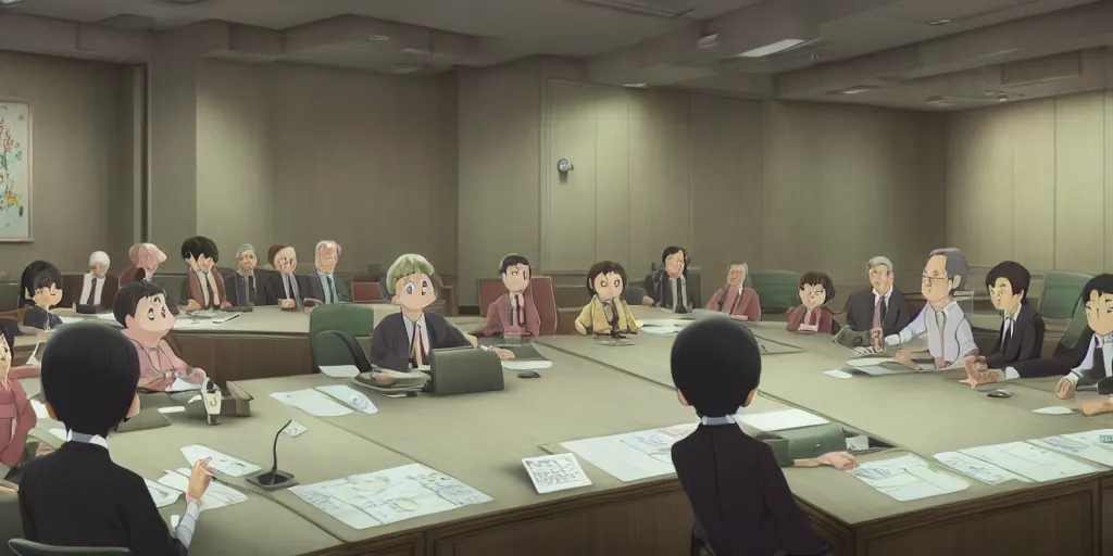 Prompt: a wholesome animation key shot of a conference room full of notes like a board room in skyscraper by studio ghibli, nicoletta ceccoli, mark ryden, lostfish, max fleischer, detailed and intricate environment, bloom, 8 k resolution, hyperrealistic, octane render, vivid colors, bright, cheerful, detailed and intricate environment