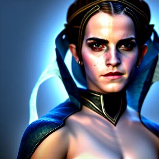 Prompt: Portrait of Emma Watson as Kitana from Mortal Kombat 11, anger, mystery, fear, highly detailed, ominous vibe, smoke, octane render, cgsociety, artstation, trending on ArtStation, by Travis Sergio Diaz