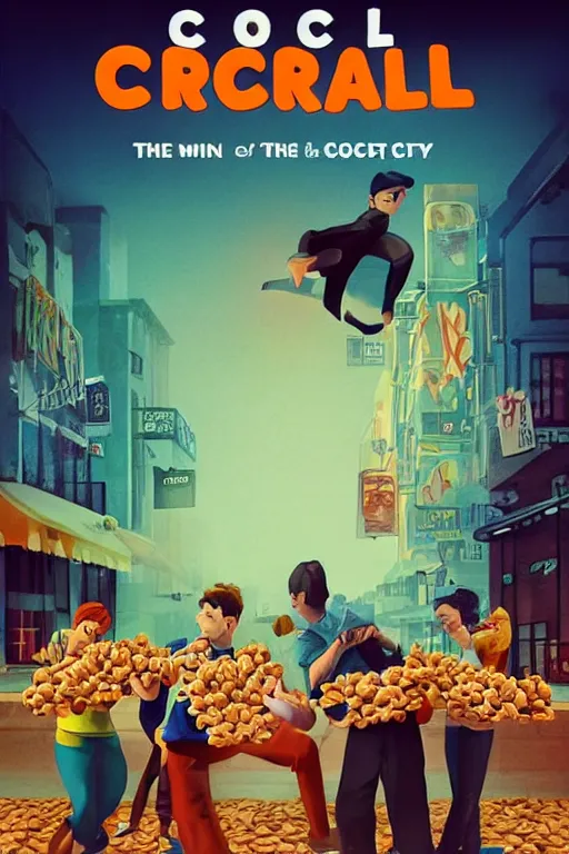 Image similar to movie poster for cereal central, minimalist, striking visuals, street gang in cereal city, dramatic lighting, epic composition