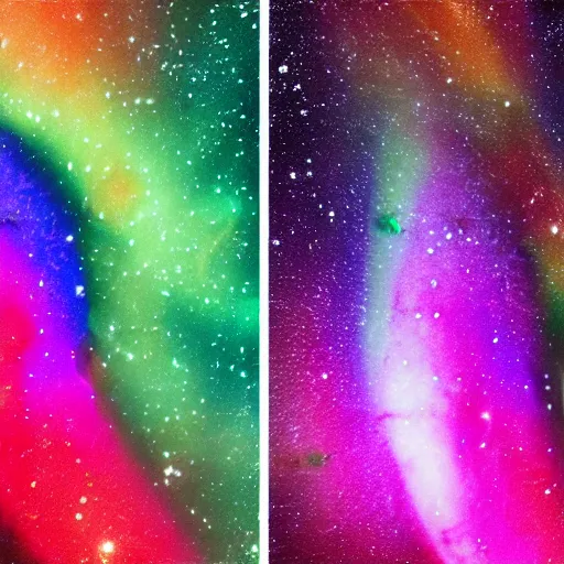 Prompt: a photo split into three horizontal sections. the top layer is the auora borealis. the middle layer is a mix between a giant squid, killer whale, and crab which swims under water amongst a school of colorful fish. the bottom layer is galaxies of outer space. 4 k, realistic