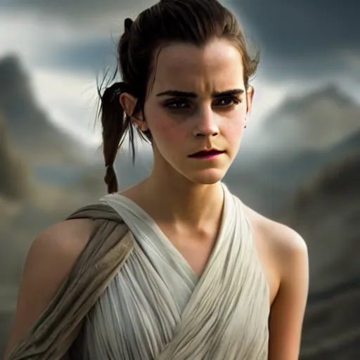 Image similar to Emma Watson modeling as Rey in Star Wars, (EOS 5DS R, ISO100, f/8, 1/125, 84mm, postprocessed, crisp face, facial features)