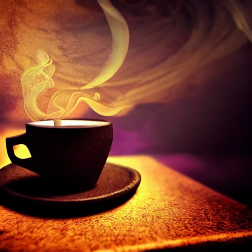 Image similar to a beautiful detailed 3 d matte portal in a cup of coffee on a desk, ominous, magical realism, texture, intricate, whirling smoke radiant colors, fantasy, volumetric lighting, high details