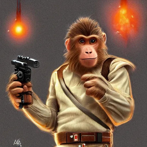 Image similar to monkey dressed like han solo holding his blaster scowling ready for a fight, fantasy concept art trending on art station