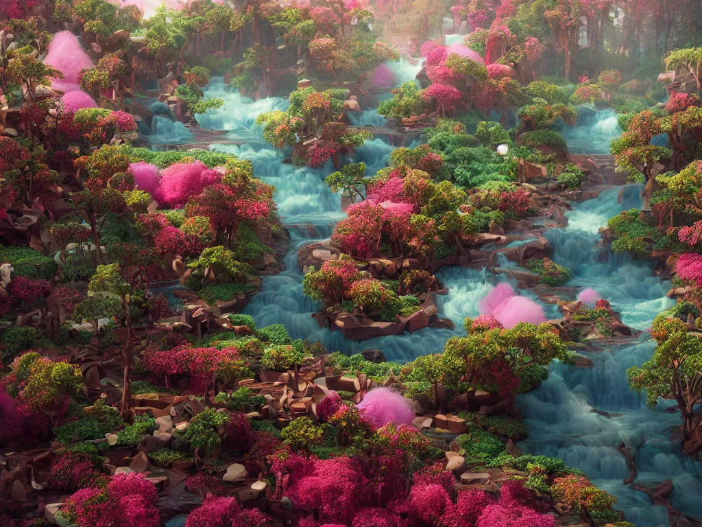 Image similar to an ultra realistic dream landscape of a chocolate river, trees made of candies cotton candy bushes roads made of buiscuits, octane render, unreal engine, 4 k, masterpiece, tilt shift, david lachapelle, alice in wonderland, trending on artstation,