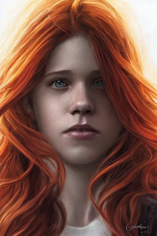 Image similar to ultra realistic style illustration of a beautiful cute red haired joyful teen girl, long hair, face of teen kate mara, sci - fi, fantasy, intricate, elegant, digital painting, artstation, concept art, smooth, sharp focus, illustration, 8 k frostbite 3 engine, ultra detailed, art by artgerm and greg rutkowski and magali villeneuve