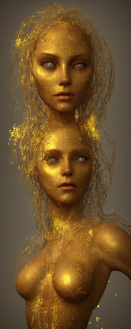 Image similar to Photorealistic beautiful goddess, Liquid gold simulation in background, ancient fairy dust, ultra super good realistic 3D render by Pete Morbacher and Emil Melmoth, insanely detailed, trending on artstation, sharp focus