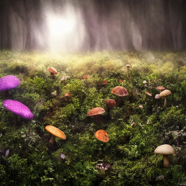 Image similar to a planet of various fungus like trees, mushrooms, flowers and plants, artistic photography, conceptual, long exposure outside the city, volumetric light